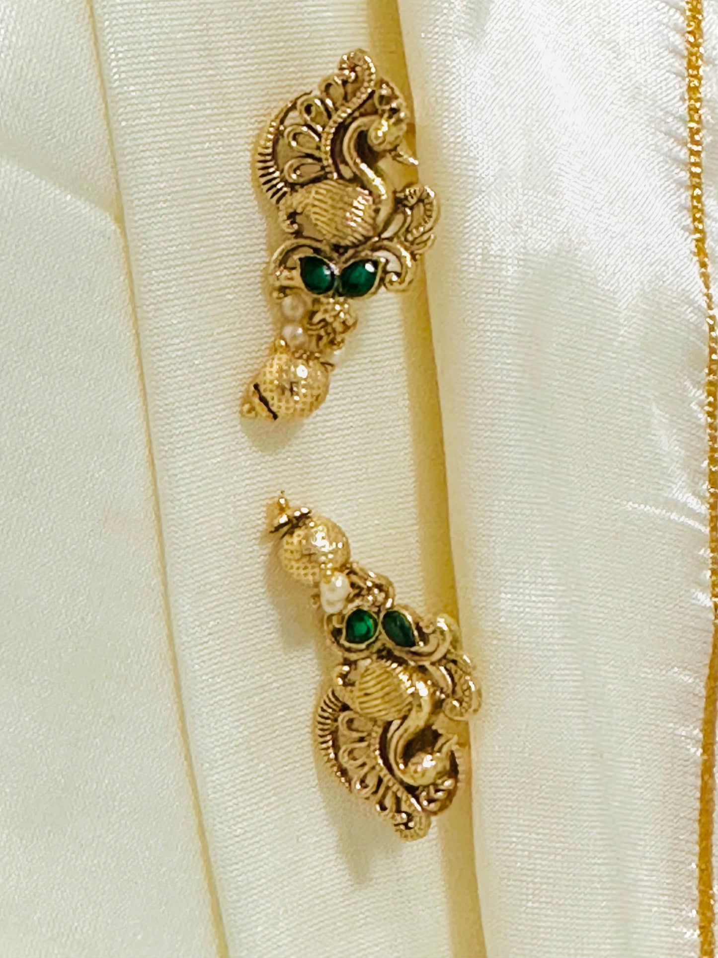 Enchanting Gold-Toned Peacock Drop Earrings with Pearl Accents