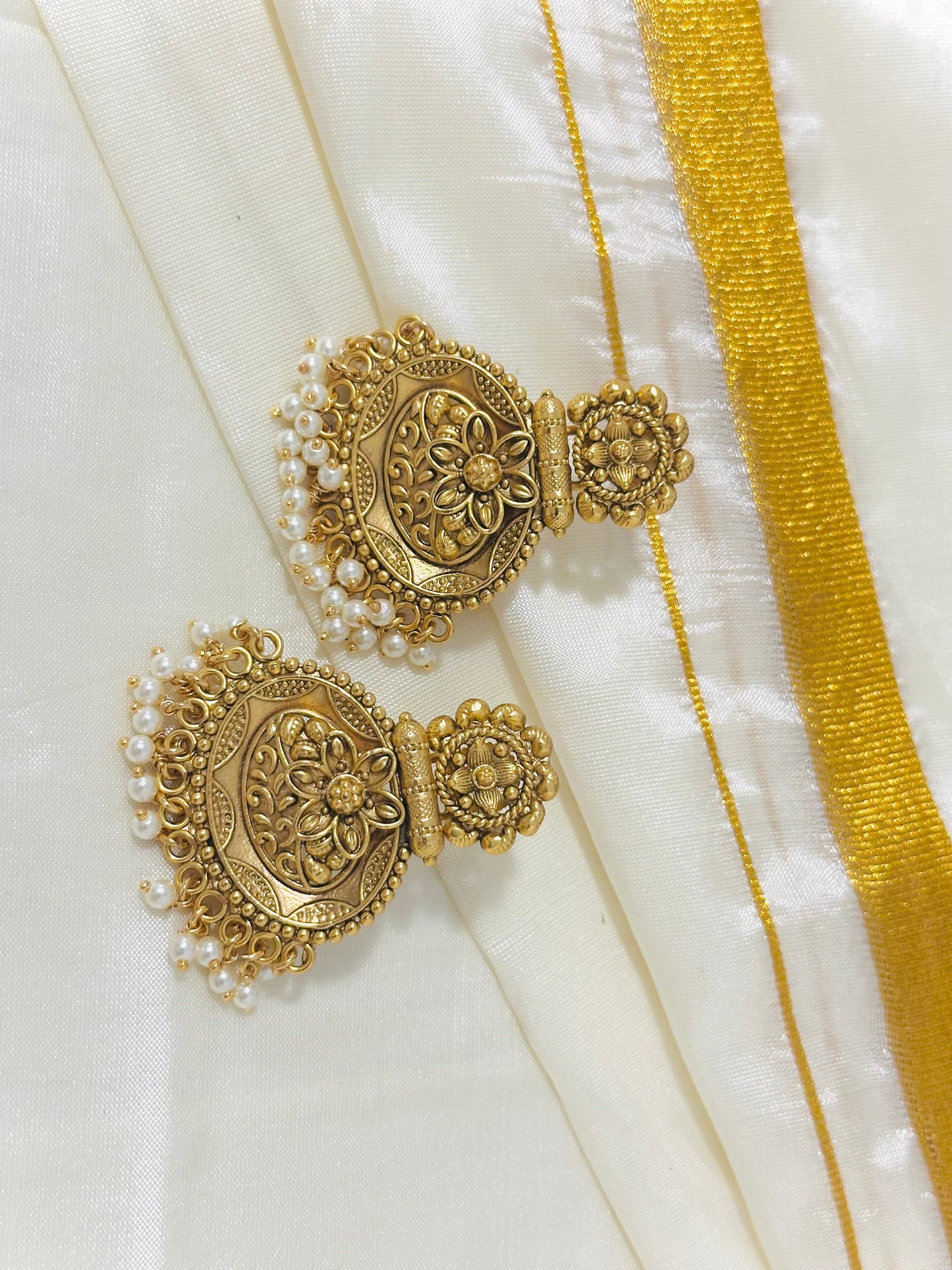 Exquisite Gold-Toned Floral Disc Drop Earrings with Pearl Accents