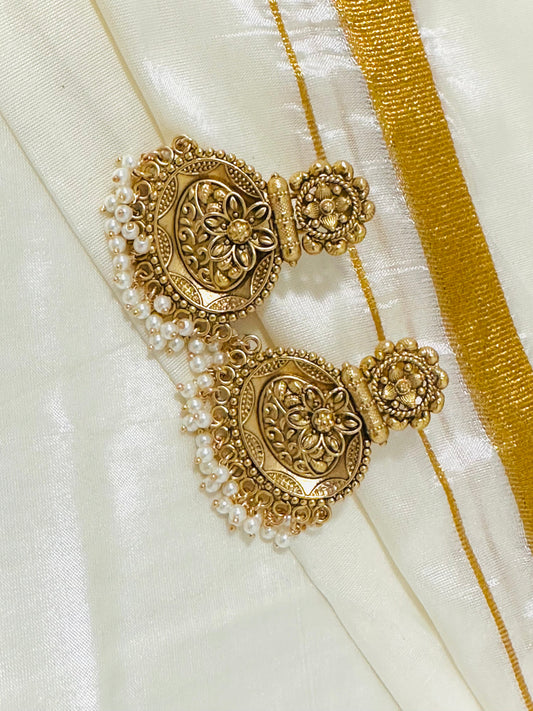 Exquisite Gold-Toned Floral Disc Drop Earrings with Pearl Accents