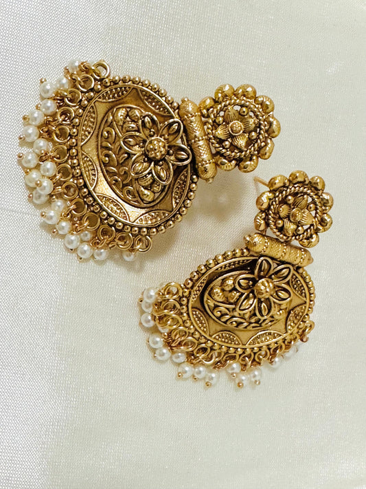 Exquisite Gold-Toned Floral Disc Drop Earrings with Pearl Accents