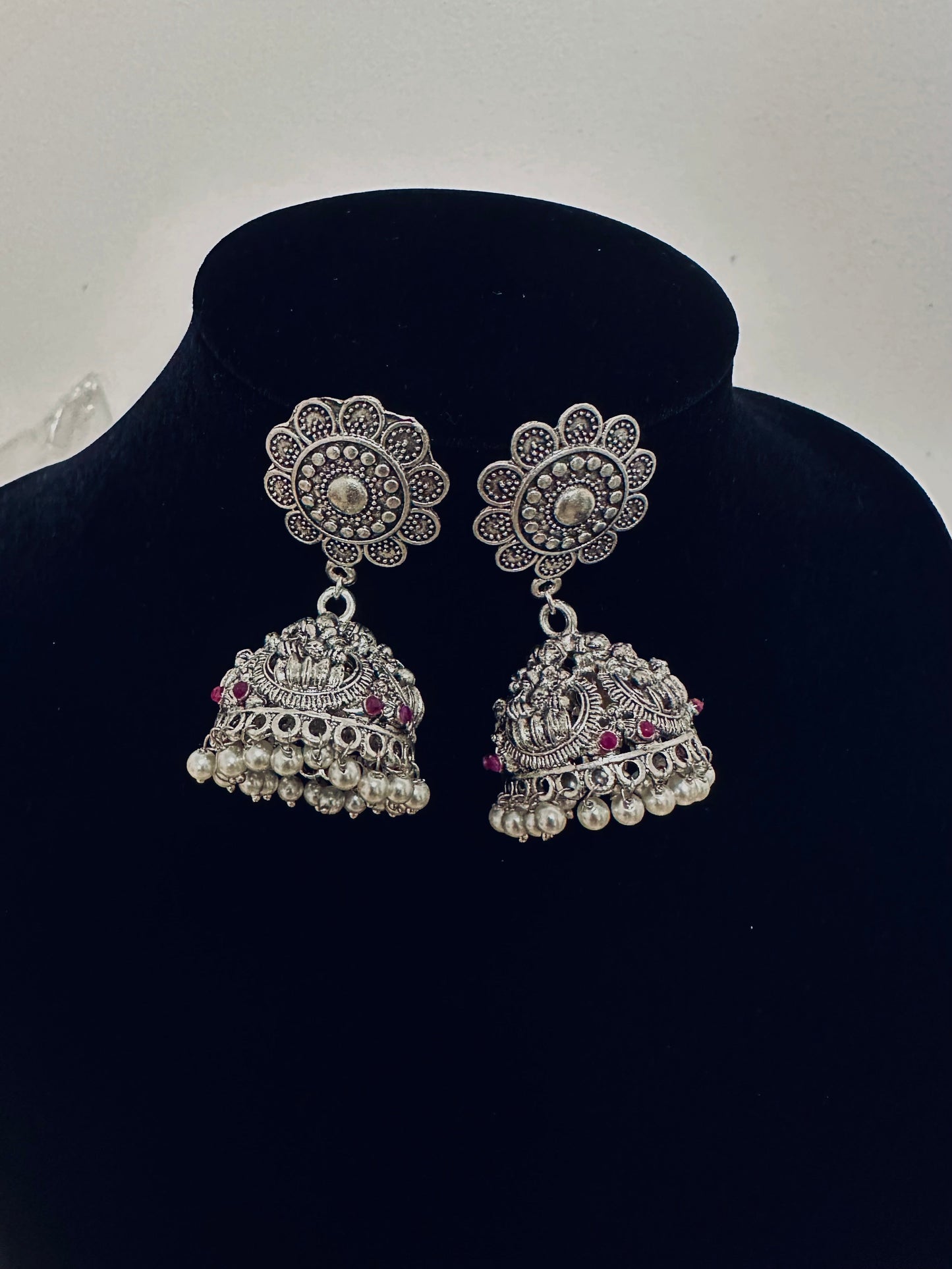 Exquisite Oxidized Silver Jhumka Earrings with Pearls & Pink Accents