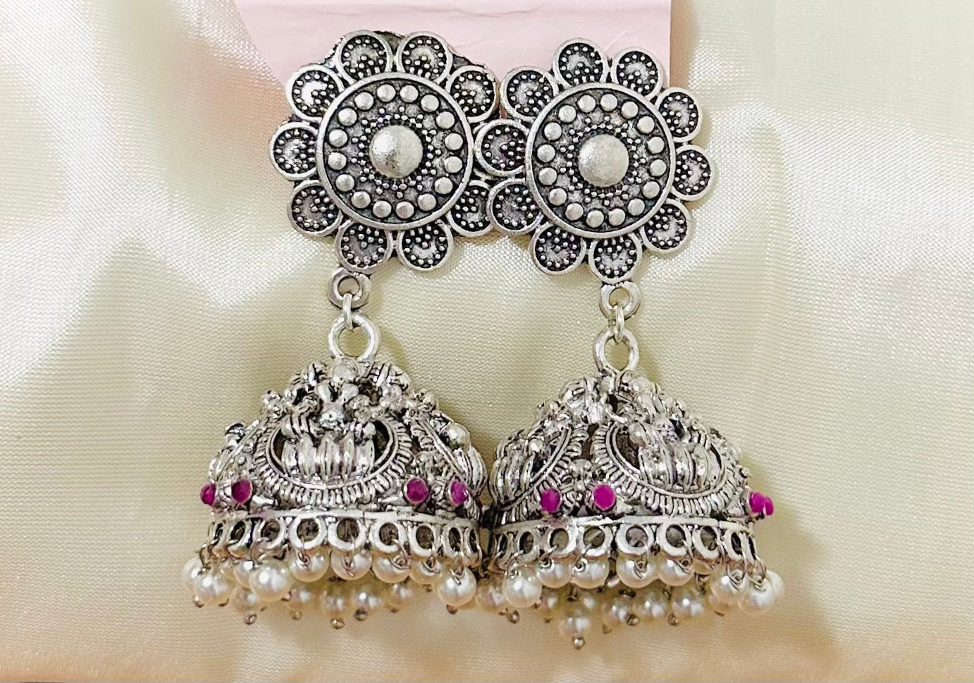 Exquisite Oxidized Silver Jhumka Earrings with Pearls & Pink Accents