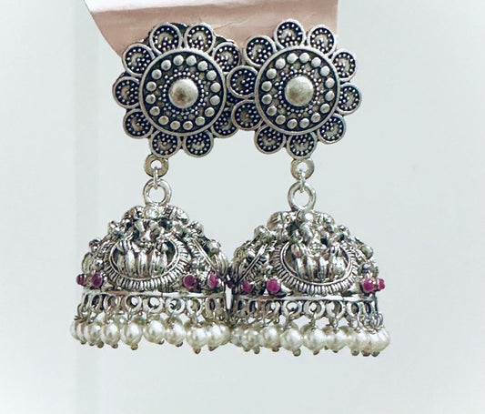 Exquisite Oxidized Silver Jhumka Earrings with Pearls & Pink Accents