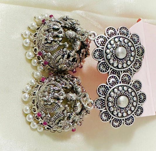 Exquisite Oxidized Silver Jhumka Earrings with Pearls & Pink Accents