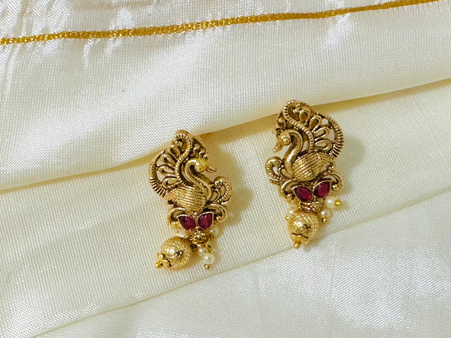 Enchanting Gold-Toned Peacock Drop Earrings with Pearl Accents
