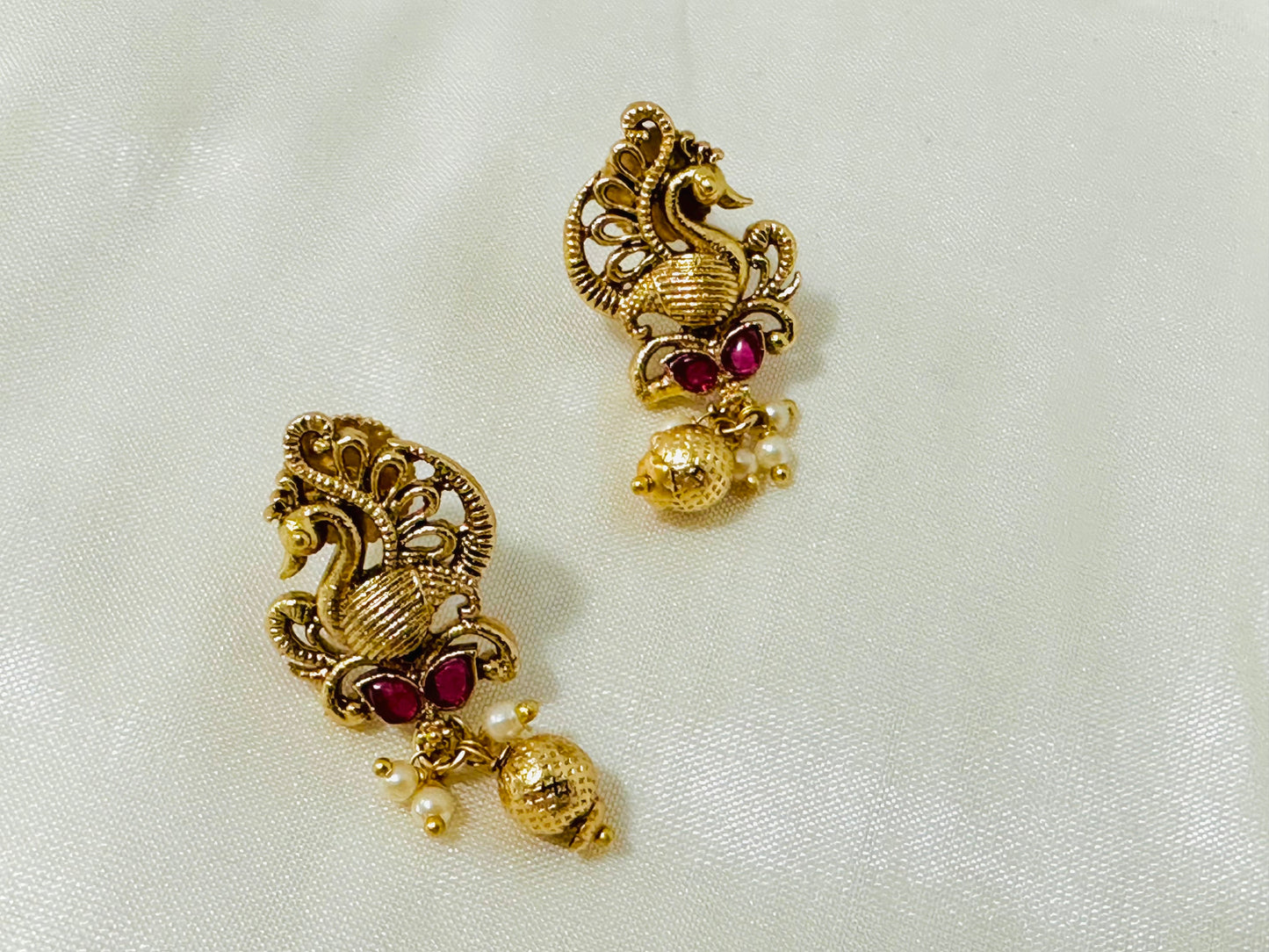 Enchanting Gold-Toned Peacock Drop Earrings with Pearl Accents