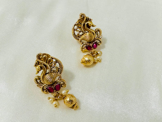 Enchanting Gold-Toned Peacock Drop Earrings with Pearl Accents