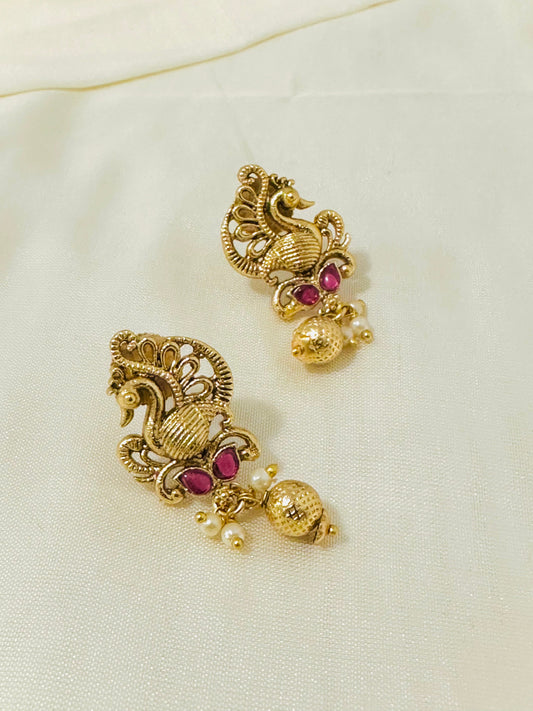 Enchanting Gold-Toned Peacock Drop Earrings with Pearl Accents