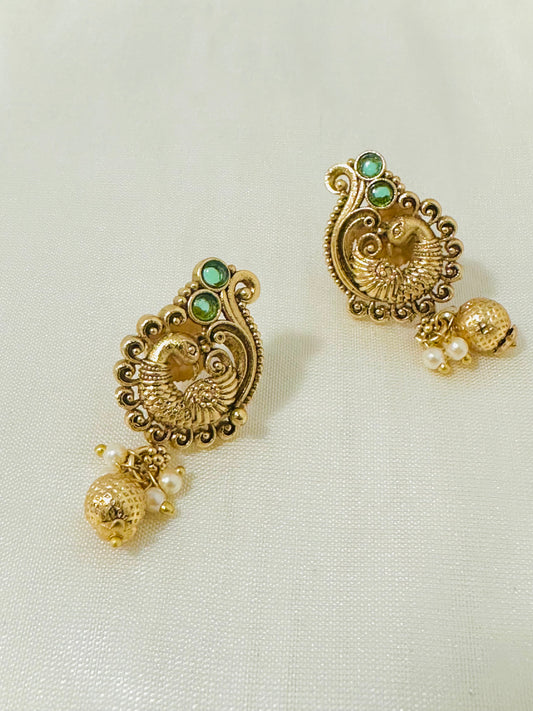 Exquisite Traditional Gold-Toned Peacock Stud Earrings