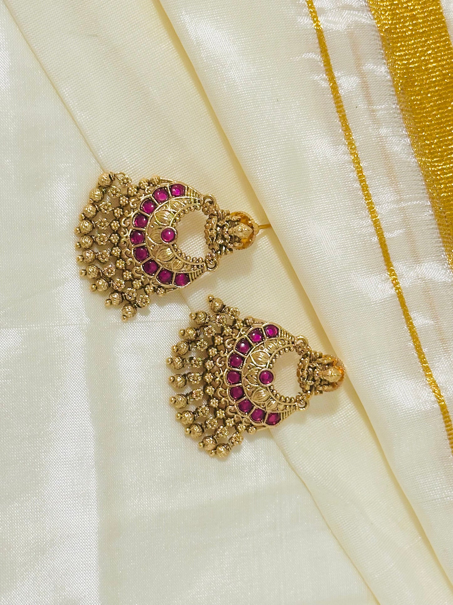Regal Gold-Toned Lakshmi Temple Chandbali Earrings with Ruby and Pearl Drops