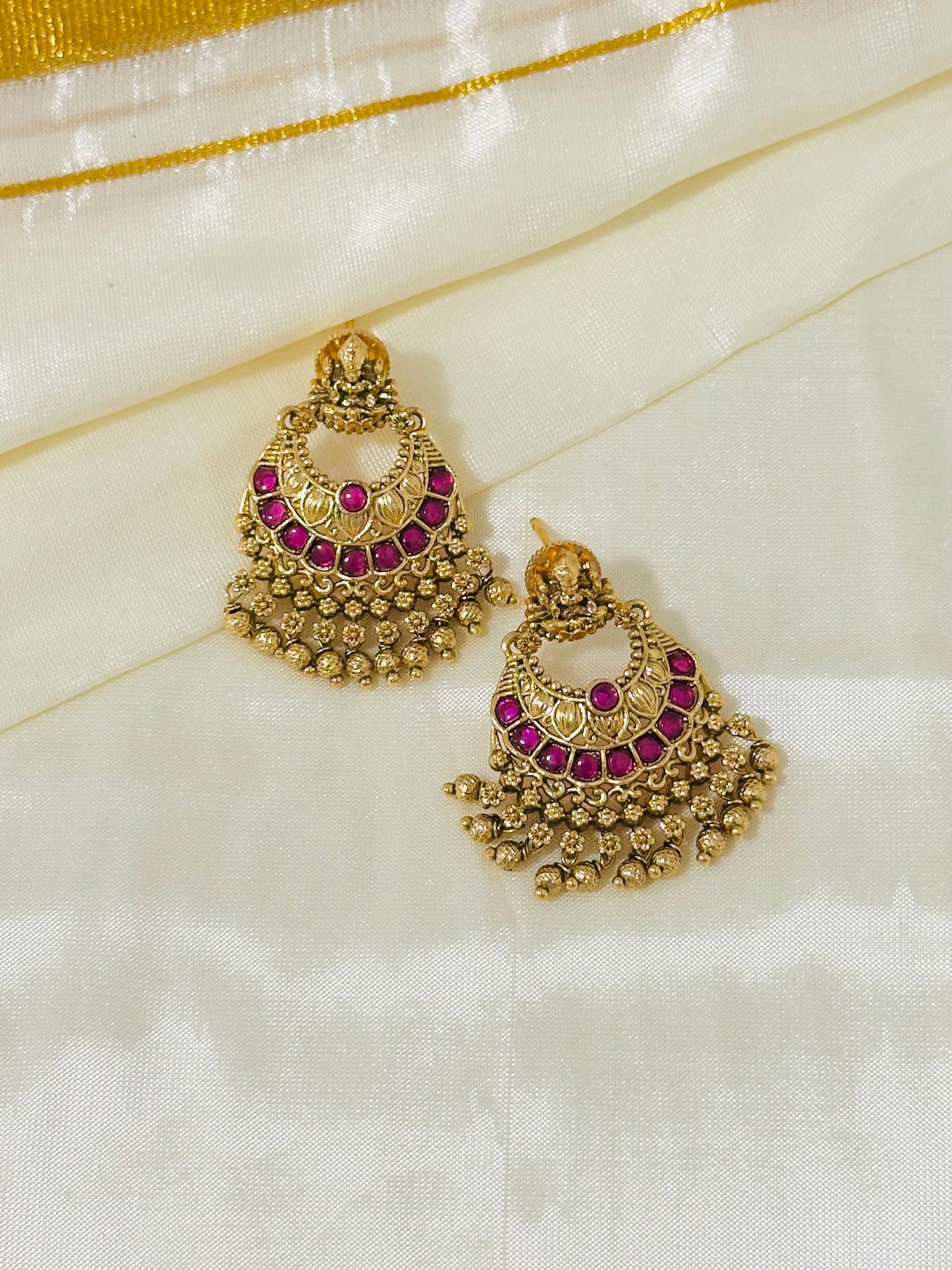 Regal Gold-Toned Lakshmi Temple Chandbali Earrings with Ruby and Pearl Drops
