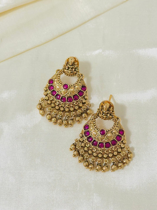 Regal Gold-Toned Lakshmi Temple Chandbali Earrings with Ruby and Pearl Drops