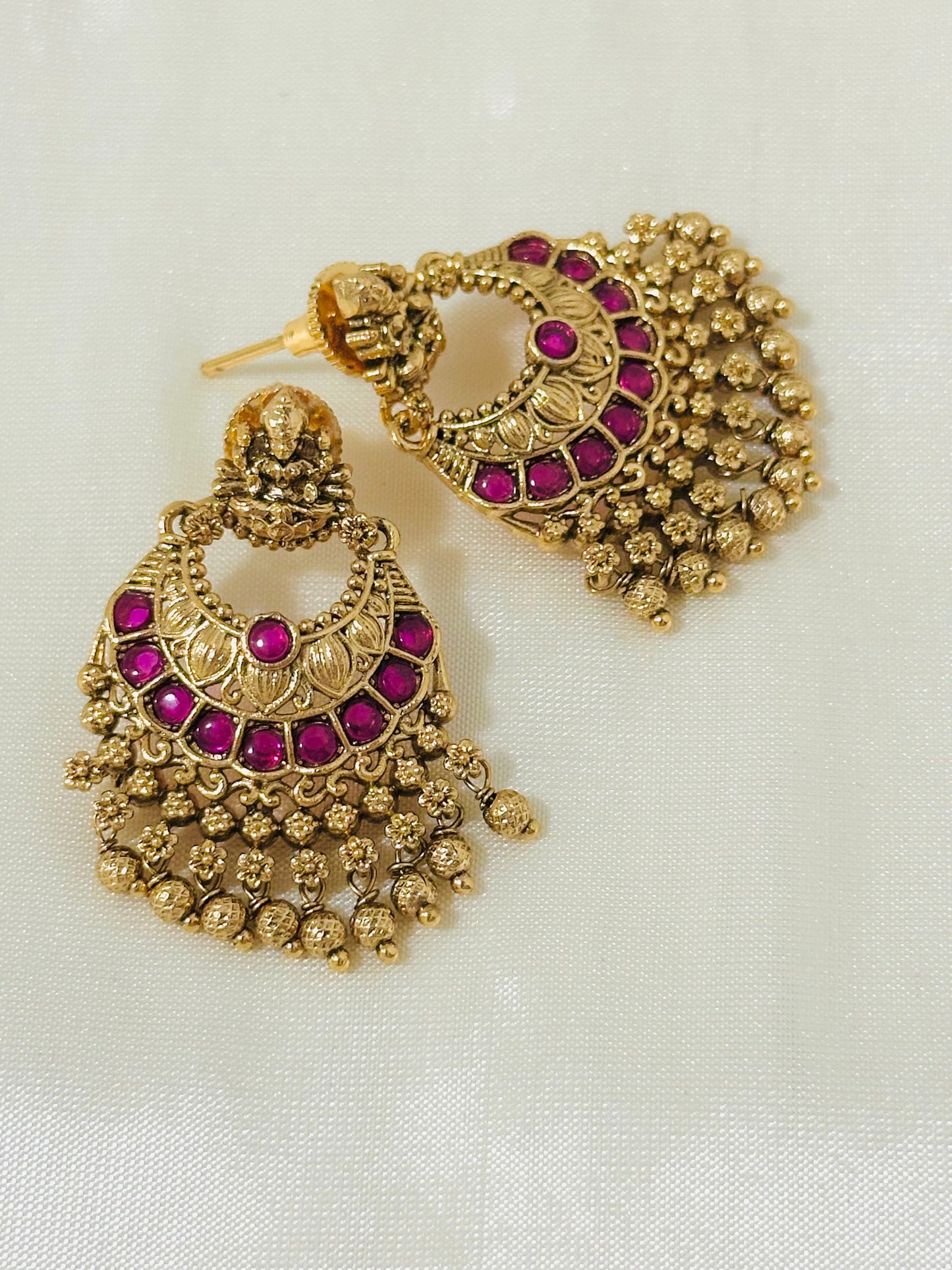 Regal Gold-Toned Lakshmi Temple Chandbali Earrings with Ruby and Pearl Drops