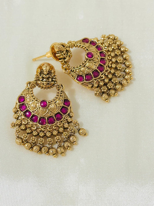 Regal Gold-Toned Lakshmi Temple Chandbali Earrings with Ruby and Pearl Drops