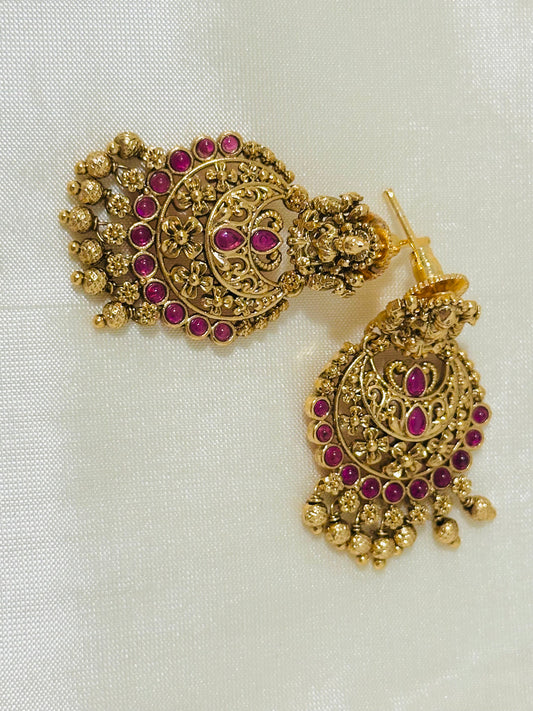 Magnificent Traditional Gold-Toned Lakshmi Temple Chandbali Earrings with Ruby Accents