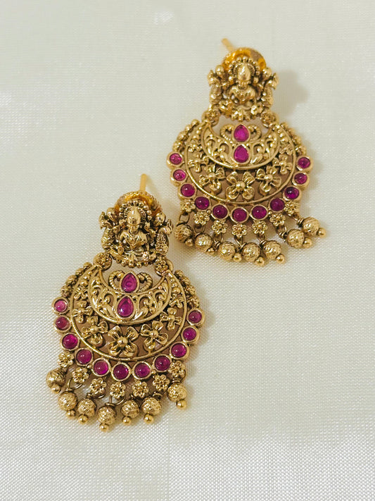 Magnificent Traditional Gold-Toned Lakshmi Temple Chandbali Earrings with Ruby Accents