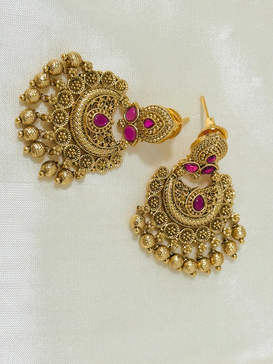 Ornate Gold-Toned Traditional Chandbali Earrings with Ruby Accents