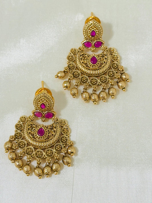 Ornate Gold-Toned Traditional Chandbali Earrings with Ruby Accents