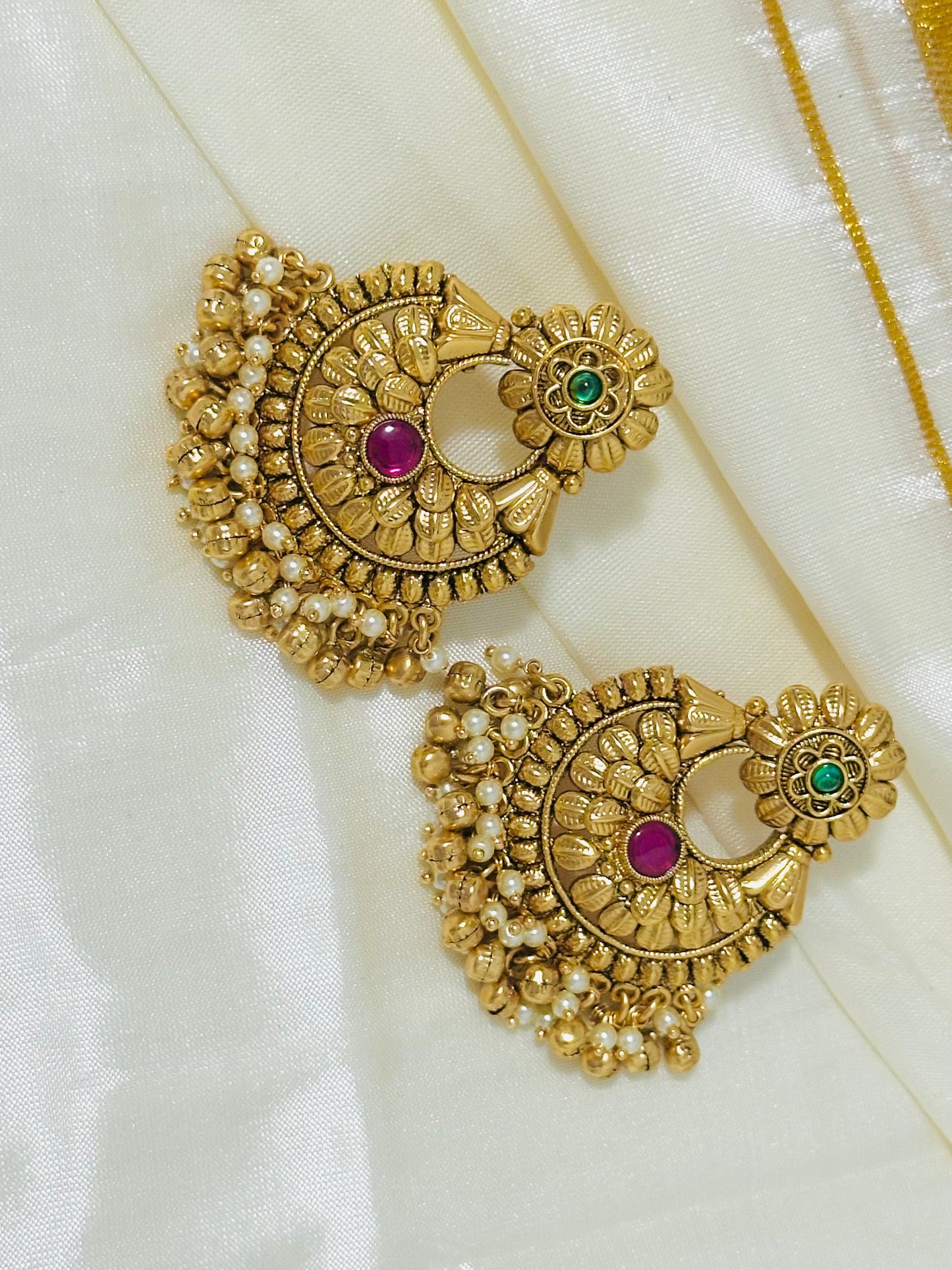 Exquisite Gold-Toned Floral Chandbali Earrings
