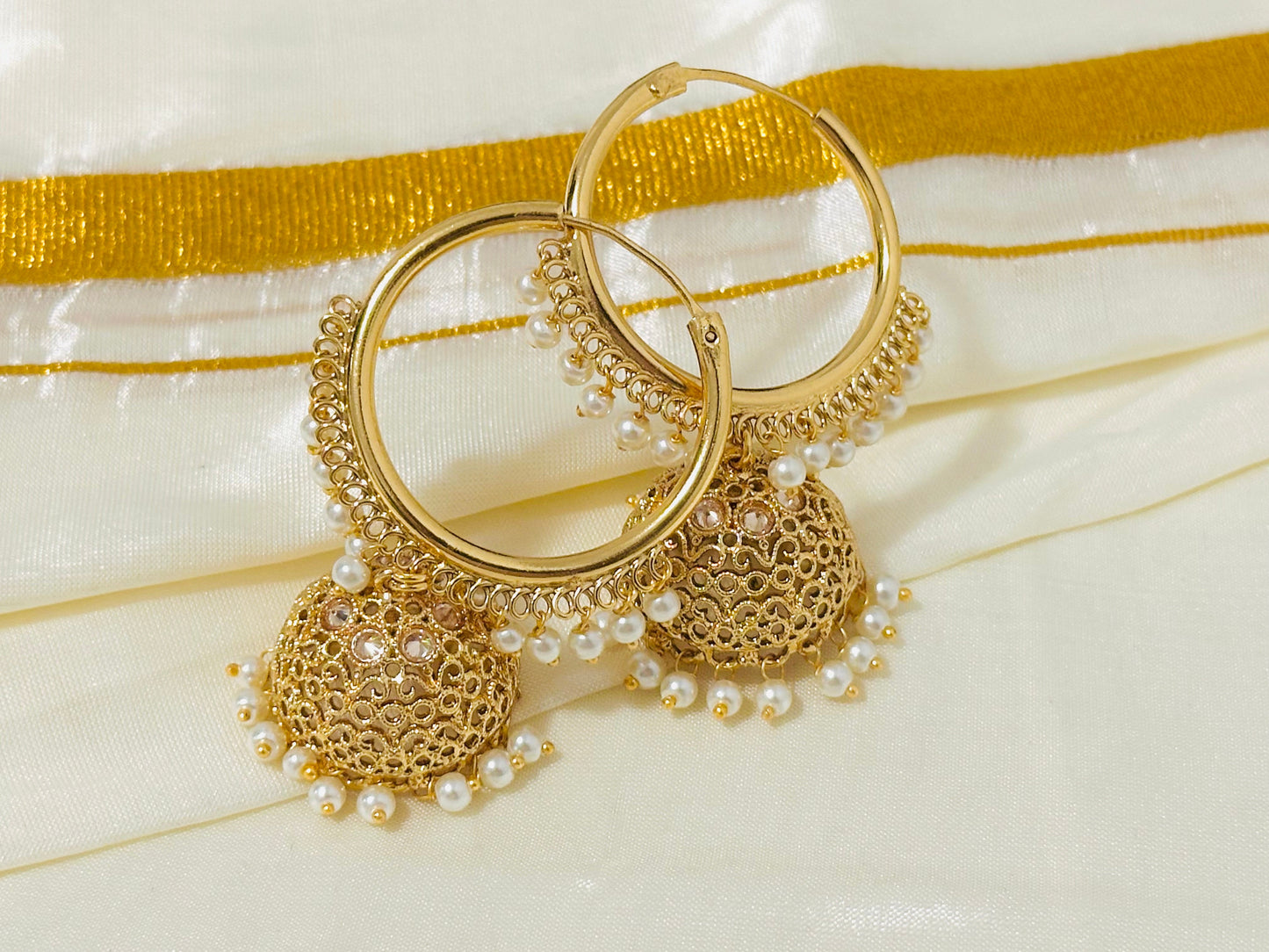 Vibrant Gold-Toned Jhumka Hoop Earrings with color Beads