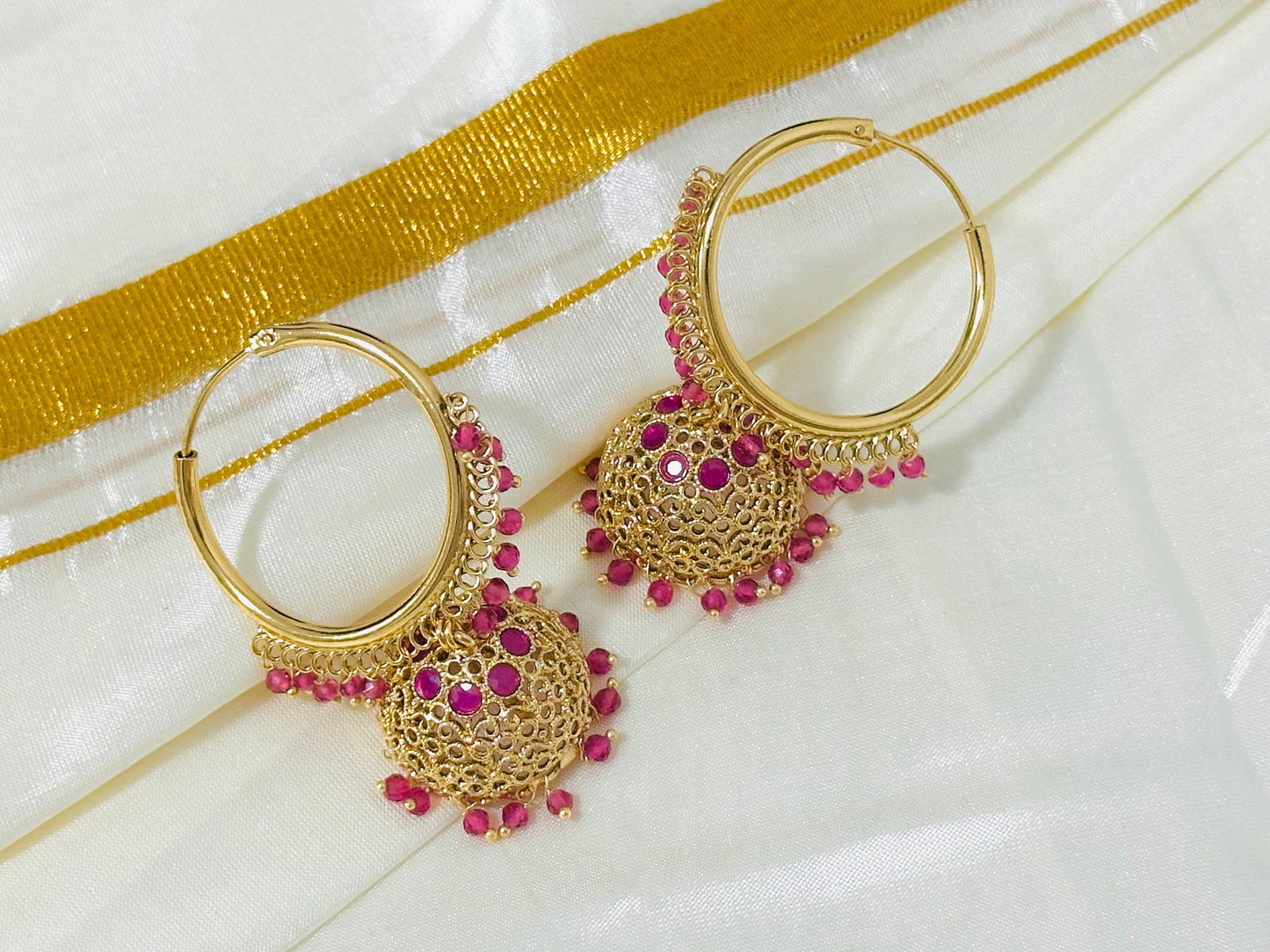 Vibrant Gold-Toned Jhumka Hoop Earrings with color Beads