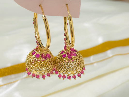 Vibrant Gold-Toned Jhumka Hoop Earrings with color Beads
