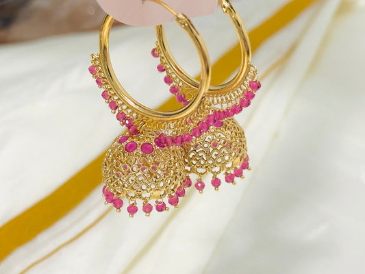 Vibrant Gold-Toned Jhumka Hoop Earrings with color Beads