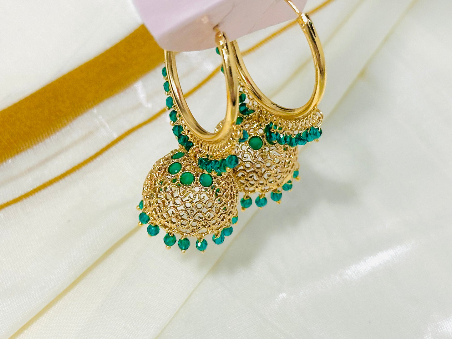 Vibrant Gold-Toned Jhumka Hoop Earrings with color Beads