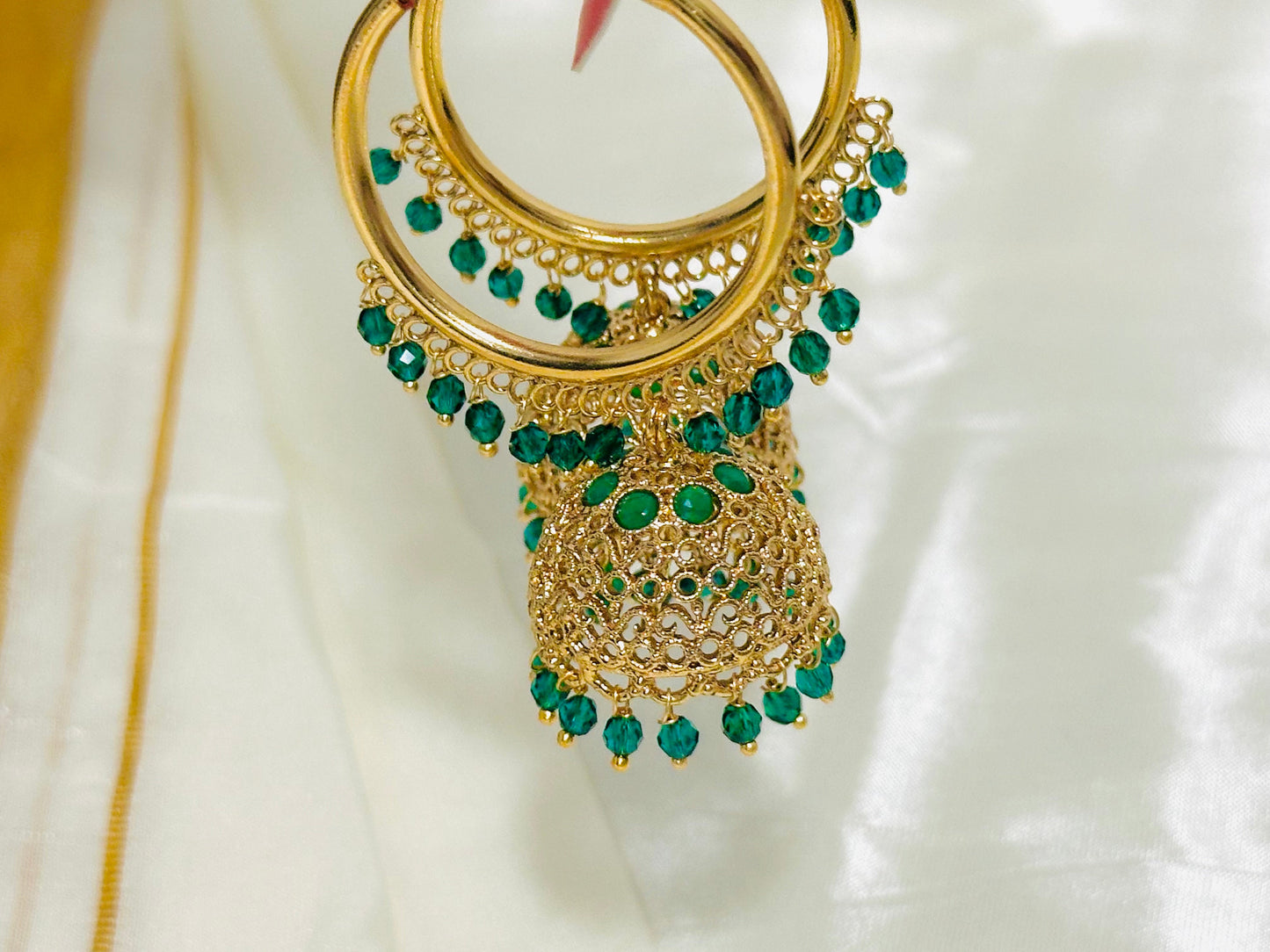 Vibrant Gold-Toned Jhumka Hoop Earrings with color Beads