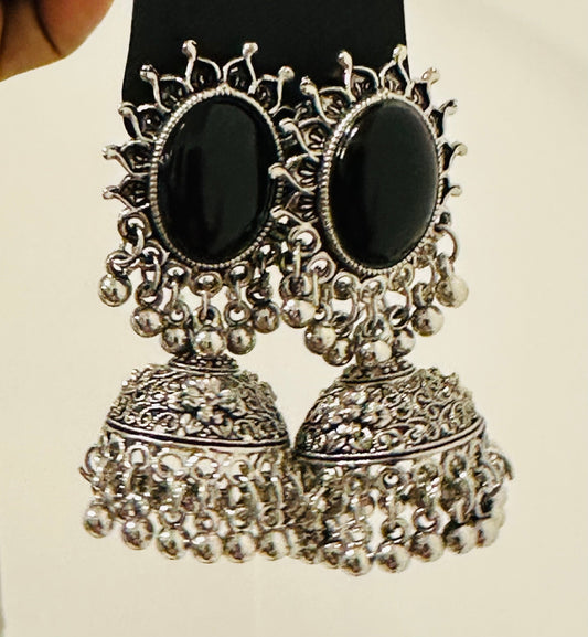 Grand Oxidized Silver Jhumka Earrings with Bold Black Stone