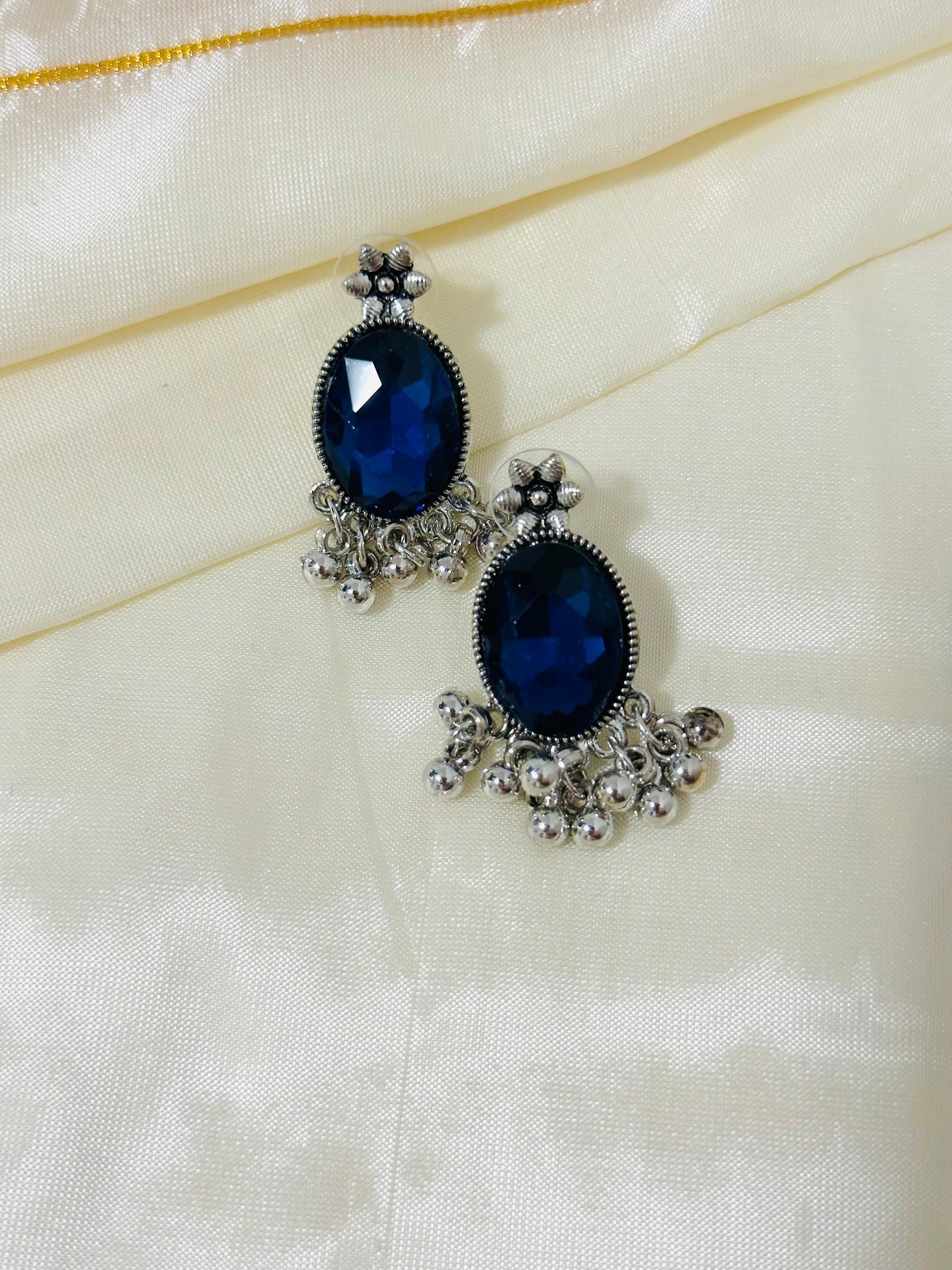 Striking Oxidized Silver Drop Earrings with color Stone