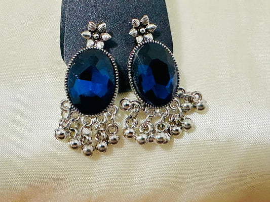 Striking Oxidized Silver Drop Earrings with color Stone