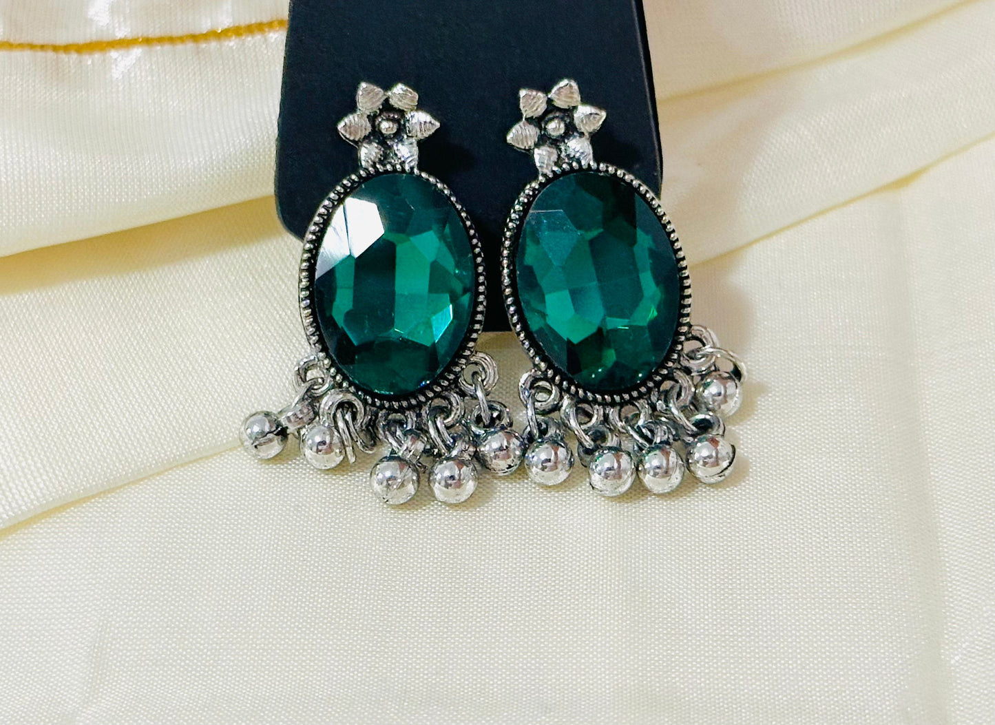 Striking Oxidized Silver Drop Earrings with color Stone