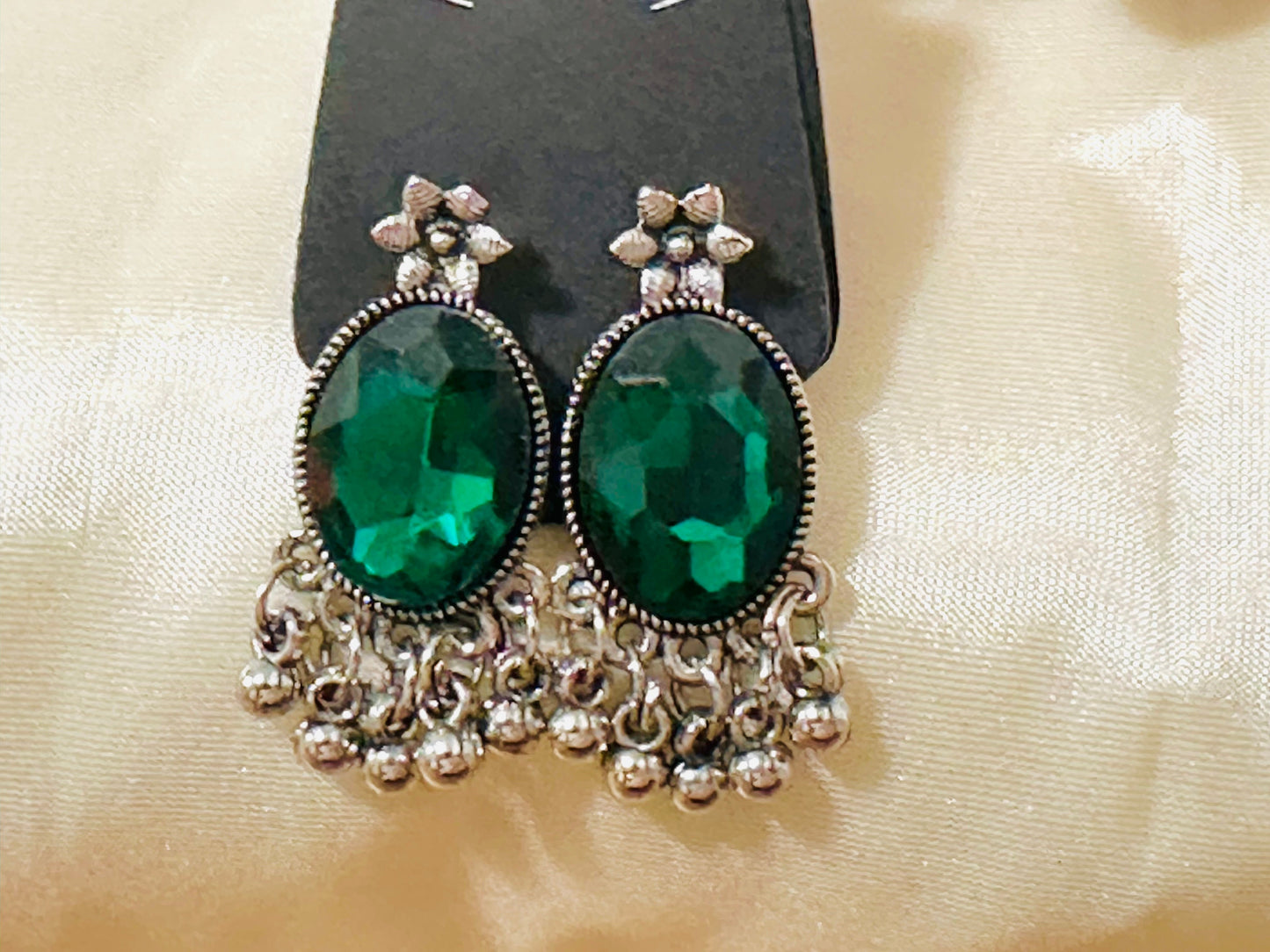 Striking Oxidized Silver Drop Earrings with color Stone