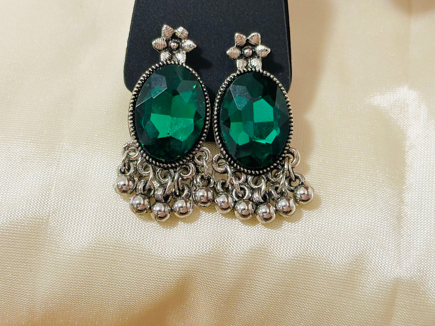 Striking Oxidized Silver Drop Earrings with color Stone