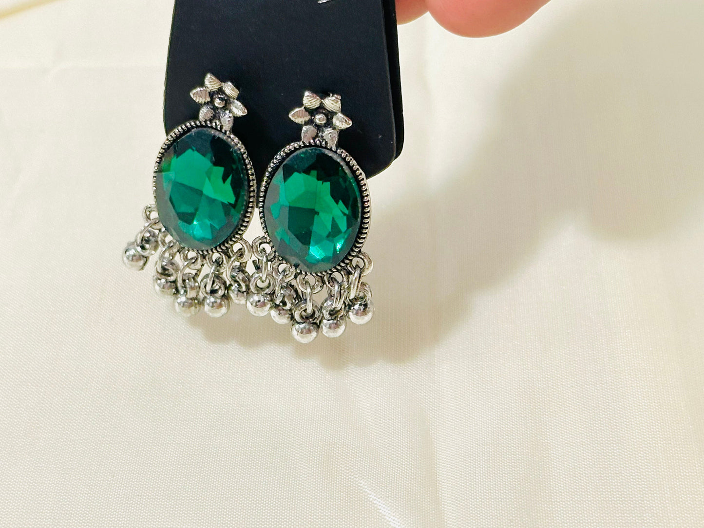 Striking Oxidized Silver Drop Earrings with color Stone