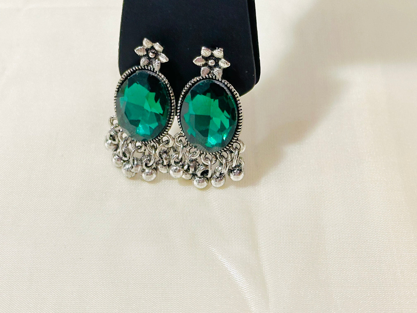 Striking Oxidized Silver Drop Earrings with color Stone