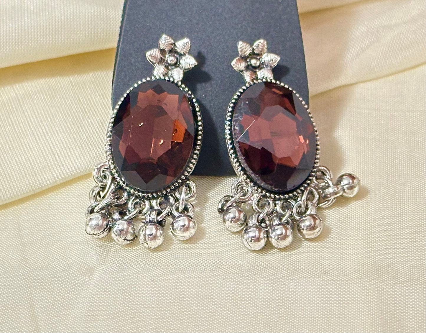 Striking Oxidized Silver Drop Earrings with color Stone