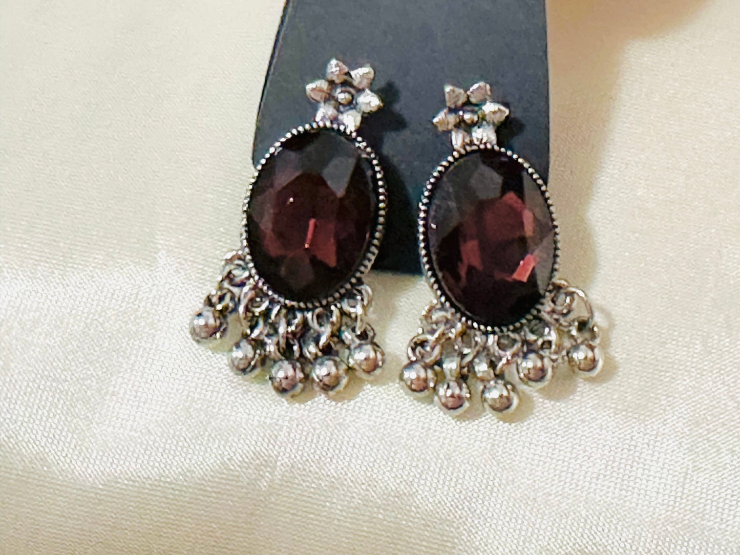 Striking Oxidized Silver Drop Earrings with color Stone