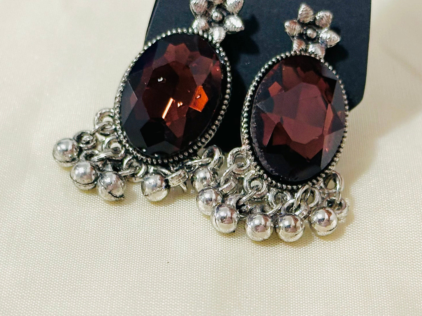 Striking Oxidized Silver Drop Earrings with color Stone