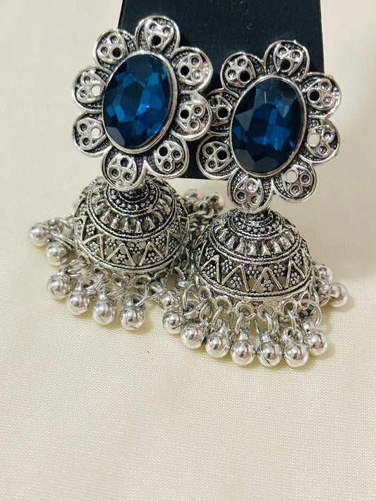 Enchanting Oxidized Silver Jhumka Earrings with color Stone