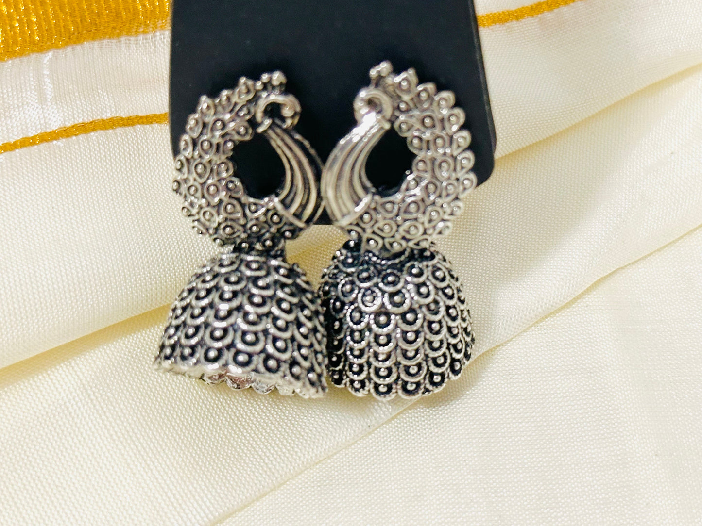 Exquisite Oxidized Silver Peacock Jhumka Earrings