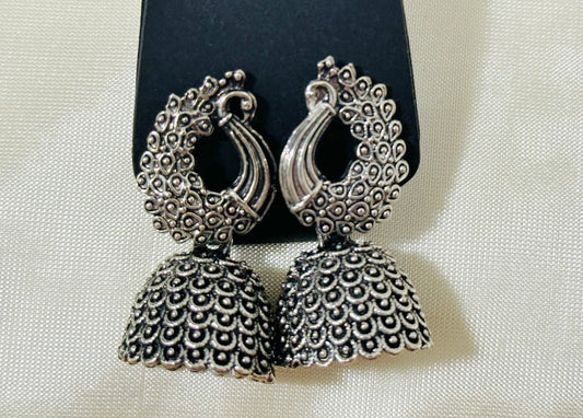 Exquisite Oxidized Silver Peacock Jhumka Earrings