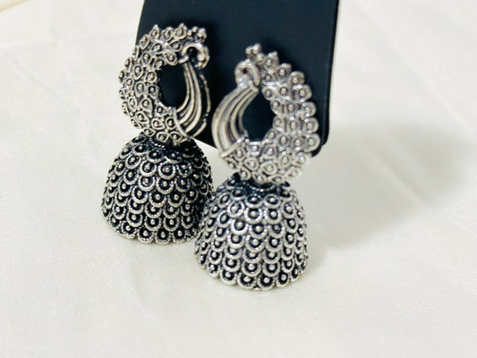 Exquisite Oxidized Silver Peacock Jhumka Earrings