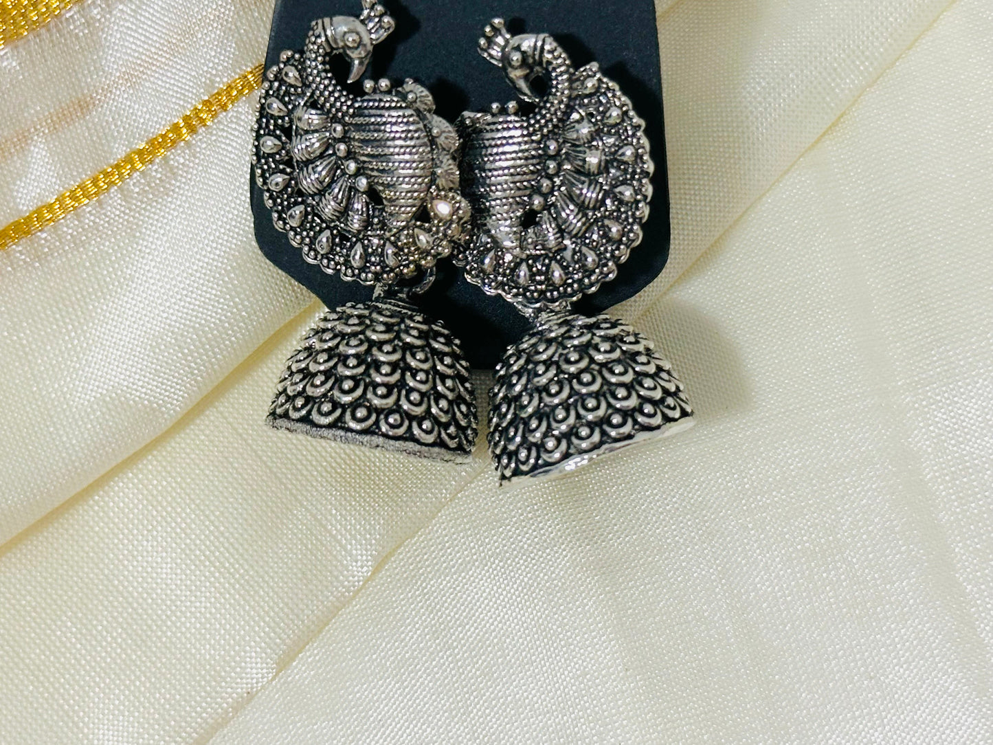 Exquisite Oxidized Silver Peacock Jhumka Earrings
