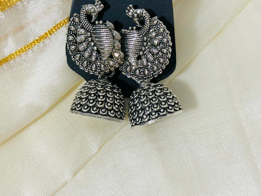 Exquisite Oxidized Silver Peacock Jhumka Earrings
