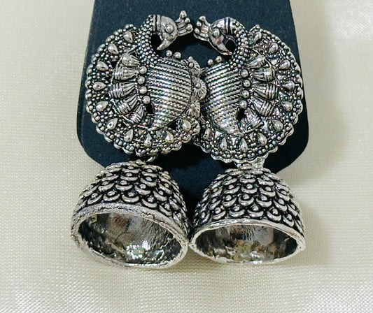 Exquisite Oxidized Silver Peacock Jhumka Earrings