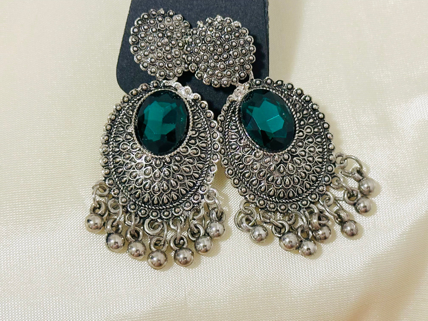 Regal Oxidized Silver Drop Earrings with color Stone