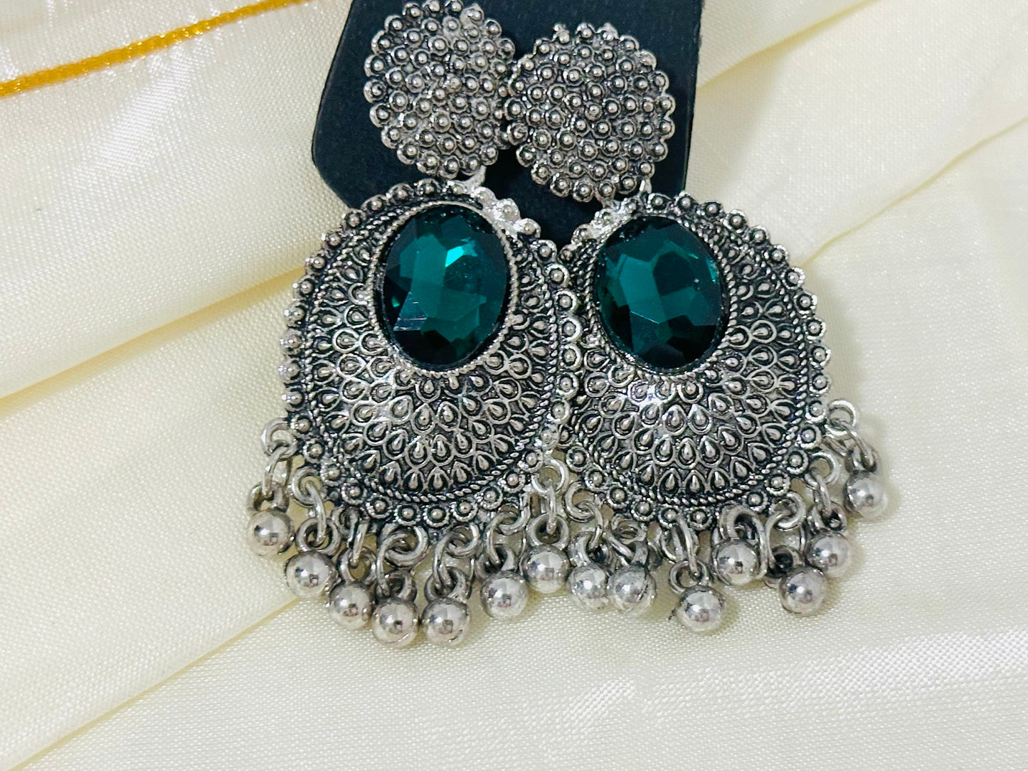 Regal Oxidized Silver Drop Earrings with color Stone