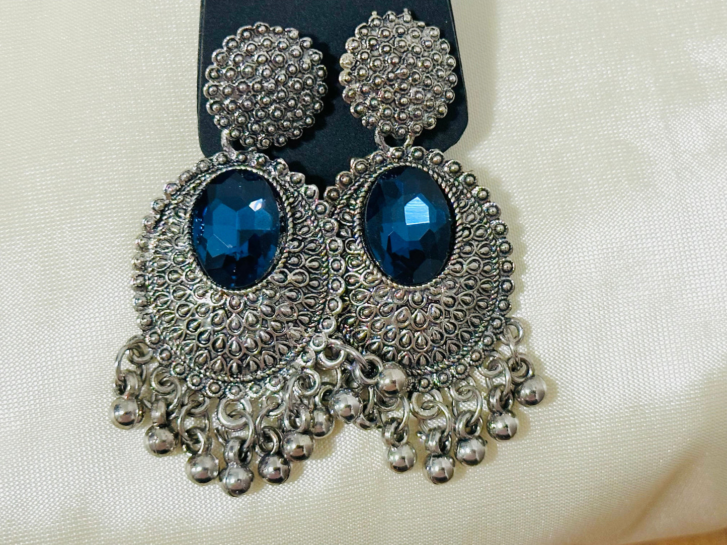 Regal Oxidized Silver Drop Earrings with color Stone